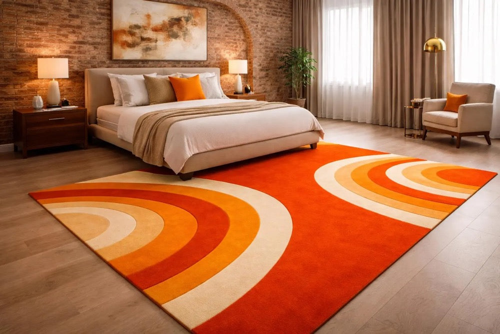 Retro Orange Abstract Area Rug: Mid-Century Modern Geometric Carpet