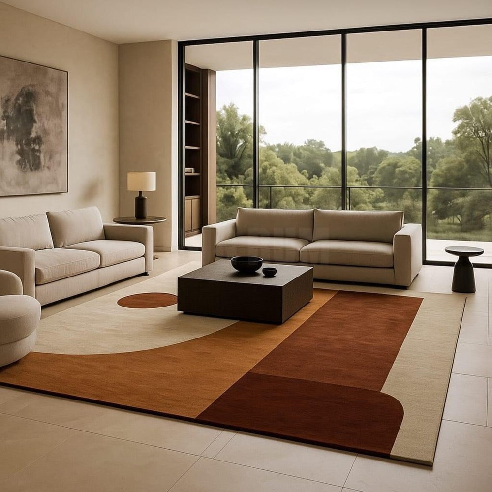 Geometric Abstract Area Rug: Mid-Century Modern Beige Brown Orange