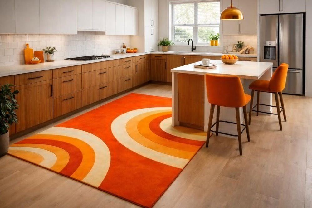 Retro Orange Abstract Area Rug: Mid-Century Modern Geometric Carpet