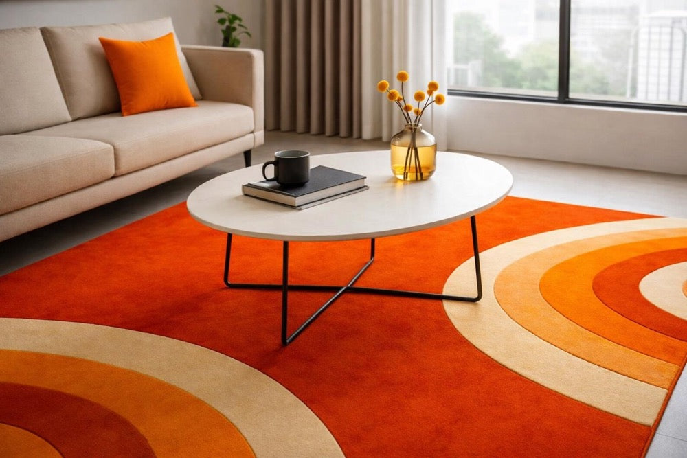 Retro Orange Abstract Area Rug: Mid-Century Modern Geometric Carpet