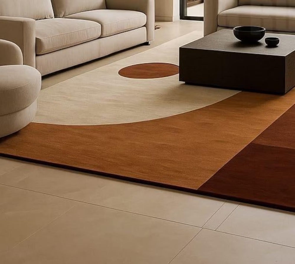 Geometric Abstract Area Rug: Mid-Century Modern Beige Brown Orange